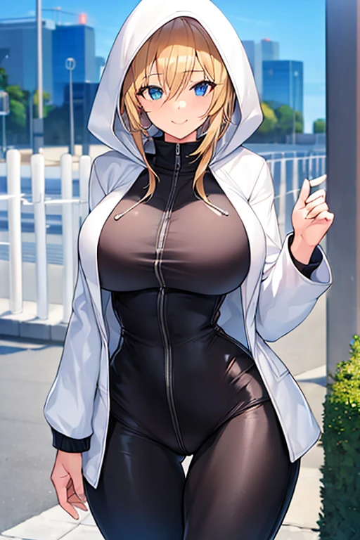 1girl, hood, jacket, hooded jacket, hood on, hood up, blonde hair, large breasts, breasts, wide hips, thick thighs, hourglass figure, white jacket, black shirt, shirt, very short hair, pants, black pants, smile, toned, toned female, urban, mature female, tall, tall female, tomboy,