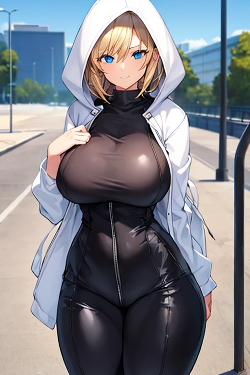 1girl, hood, jacket, hooded jacket, hood on, hood up, blonde hair, large breasts, breasts, wide hips, thick thighs, hourglass figure, white jacket, black shirt, shirt, very short hair, pants, black pants, smile, toned, toned female, urban, mature female, tall, tall female, tomboy,