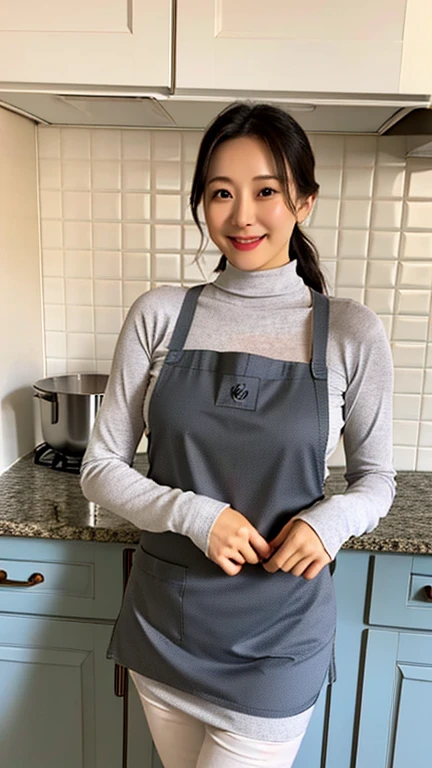 Japan's most beautiful mother、Too erotic mom、A body that accepts all sexual desires、standing in the kitchen、Gray long sleeve tight knit、wearing an apron、32K quality、highest quality、turn around、say good morning with a smile