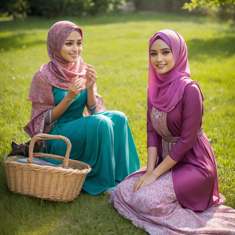 beautiful muslimah girl, wearing traditional silk baju kurung, ultra-detailed, detailed faces, detailed skins, 8k masterpieces, cinematic lighting, firm push-up bosom, modest bosom, slim and slender body, long hijab, eid mubarak, in malay village, picnic in the meadow with a basket full of fruits and flowers