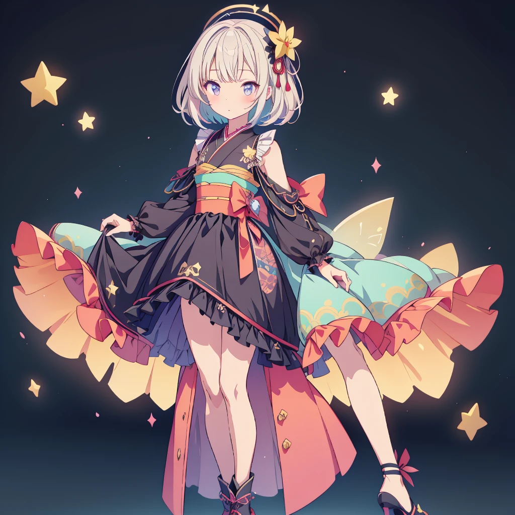 1girl,vtuber-fullbody、chara-sheet、Front, side, back、highest quality、A space-like remake of yukata and gothic lolita in black and navy blue、A space-themed oiran frill dress、Knee-high boots、8K,、Star Fairy、masterpiece、official art、Super detailed、super beautiful、Cute Star Fairy、white straight short hair、