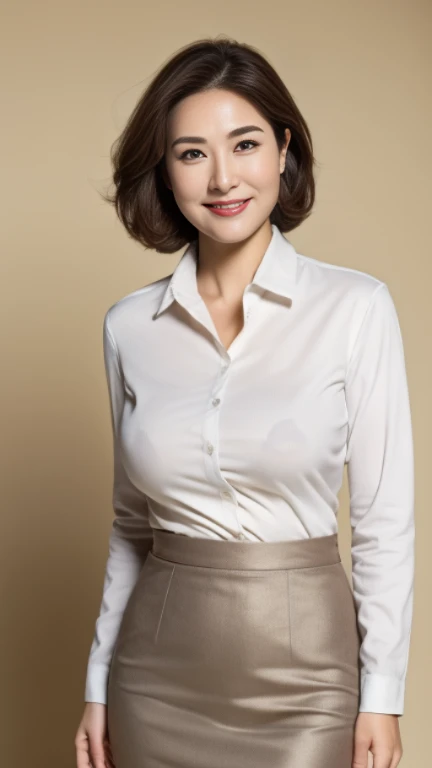 ((highest quality, 8K, masterpiece, portrait: 1.3)), (looking at the viewer), (full shot:0.85), attractive business mature woman, 1 person, a little chubby:0.4,brown medium hair、 white collared shirt, gray tight skirt,((big breasts 1.8)) (big pelvis:0.9), ((Are standing)), smile:0.2,,good posture、gentle smile、