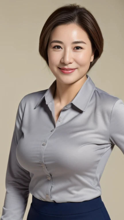((highest quality, 8K, masterpiece, portrait: 1.3)), (looking at the viewer), (full shot:0.85), attractive business mature woman, 1 person, a little chubby:0.4,brown medium hair、 white collared shirt, gray tight skirt,((big breasts 1.8)) (big pelvis:0.9), ((Are standing)), smile:0.2,,good posture、gentle smile、