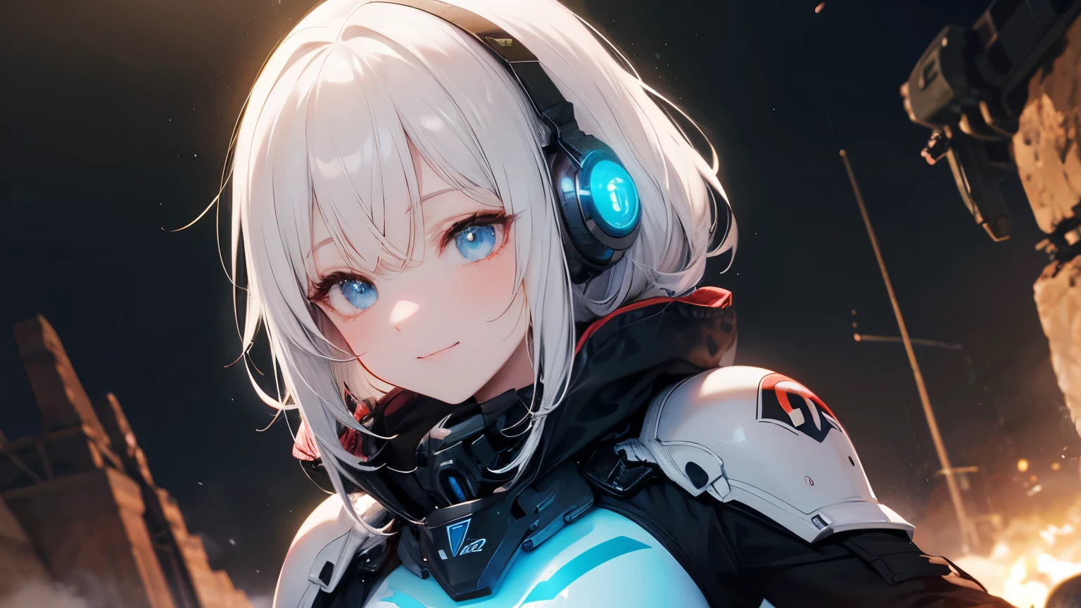 A beautiful silver-haired girl wearing headphones, a sci-fi action set on Mars in the 2500s, a body suit with a black base that emits a glow, a complex pattern that emits light, a smiling face, and blue eyes staring at you. There is. The background is a mechanical device that emits light of various colors.