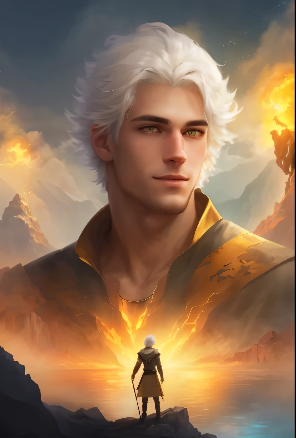 Photo of a guy with white hair and yellow eyes, High detail, Clarity, 8 cc, young guy, 18 years, light gray hair, short haircut, Yellow eyes, grin, fire crown, lava is everywhere, A huge cave, guy kneeling near the lake, realism, fantasy,