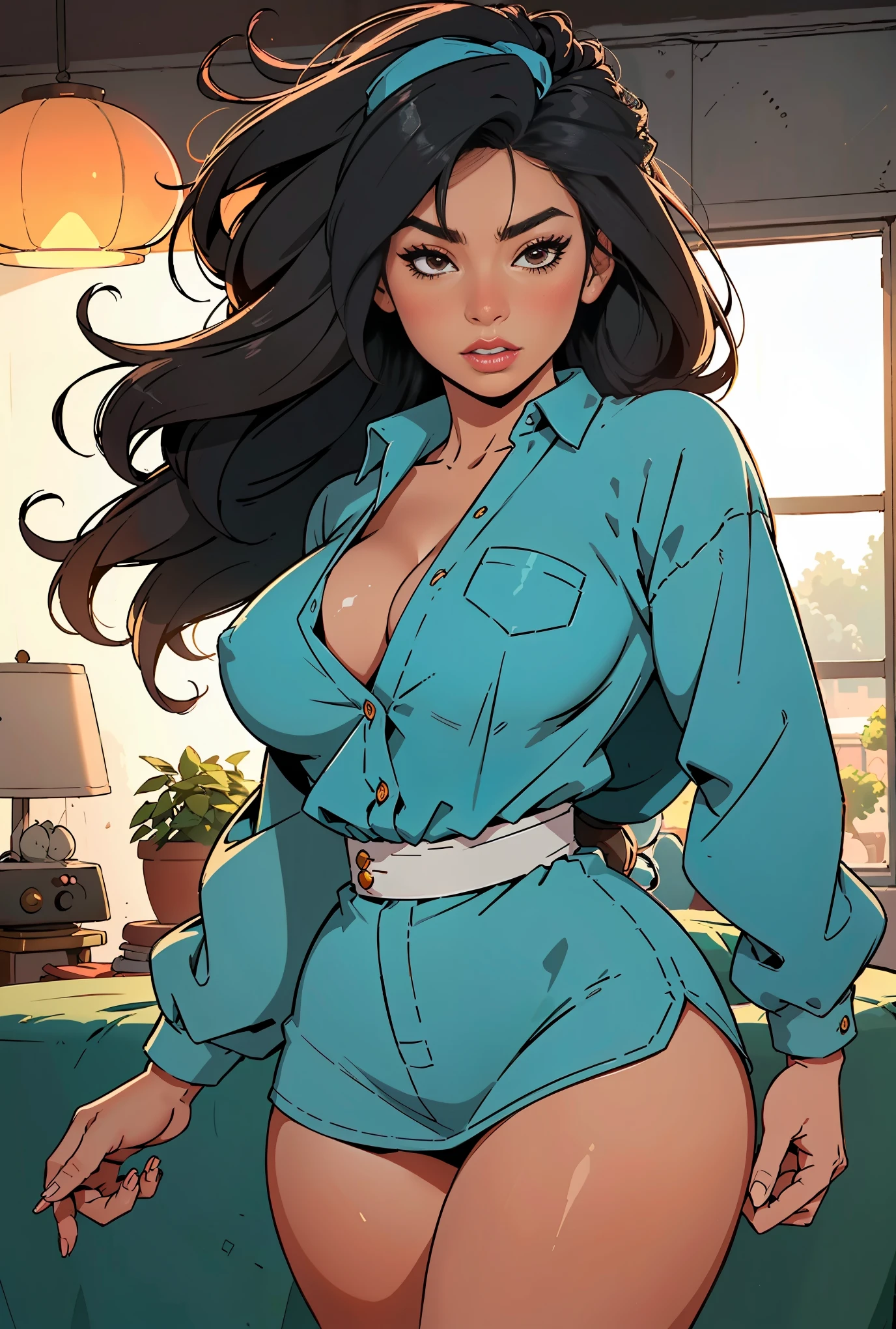 (light skin:1.1, thick thighs:1.1, huge breasts:1.1) afro, (tight:0.9) orange button down, 70s clothes anime superhero attire, holding a (kitana:1.1), (best quality:1.2), ultra-detailed, (realistic:1.37), portraits, vibrant colors, warm tones, soft lighting