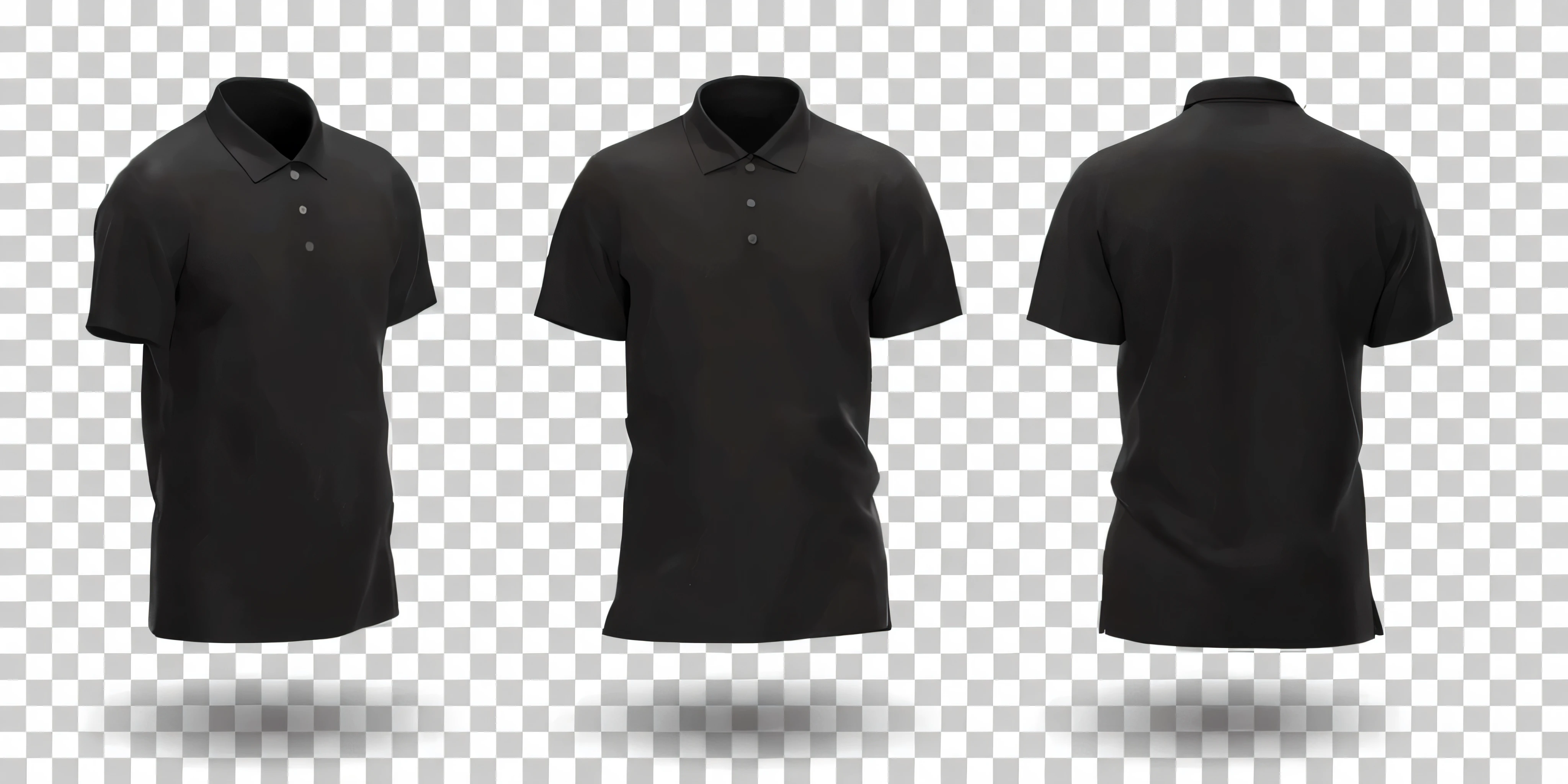 a set of three black polo shirts on a transparent background, wearing polo shirt, shirt design, black t shirt, wearing black tshirt, wearing a black tshirt, realistic clothing, t shirt design, he is wearing a black t-shirt, wearing a black t-shirt, wearing a black shirt, wearing a dark blue polo shirt, black shirt, highly detailed clothing