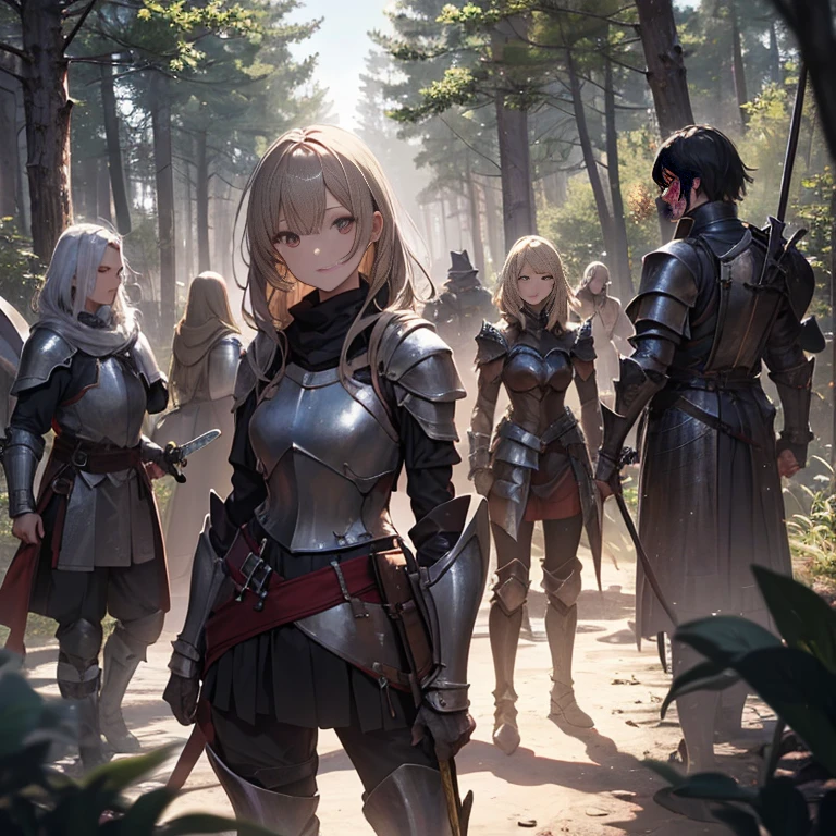 A group of female knight, (in forest), various hair styles, harem, wearing armored clothes, metal armor, night, details face, trousers, seducing, sword,