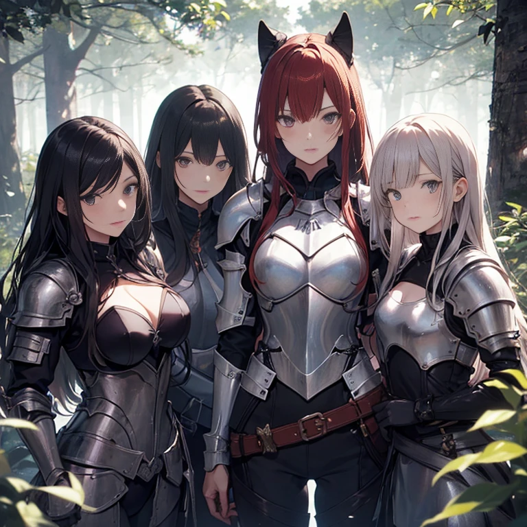 A group of female knight, (in forest), various hair styles, harem, wearing armored clothes, metal armor, night, details face, trousers, seducing, sword,