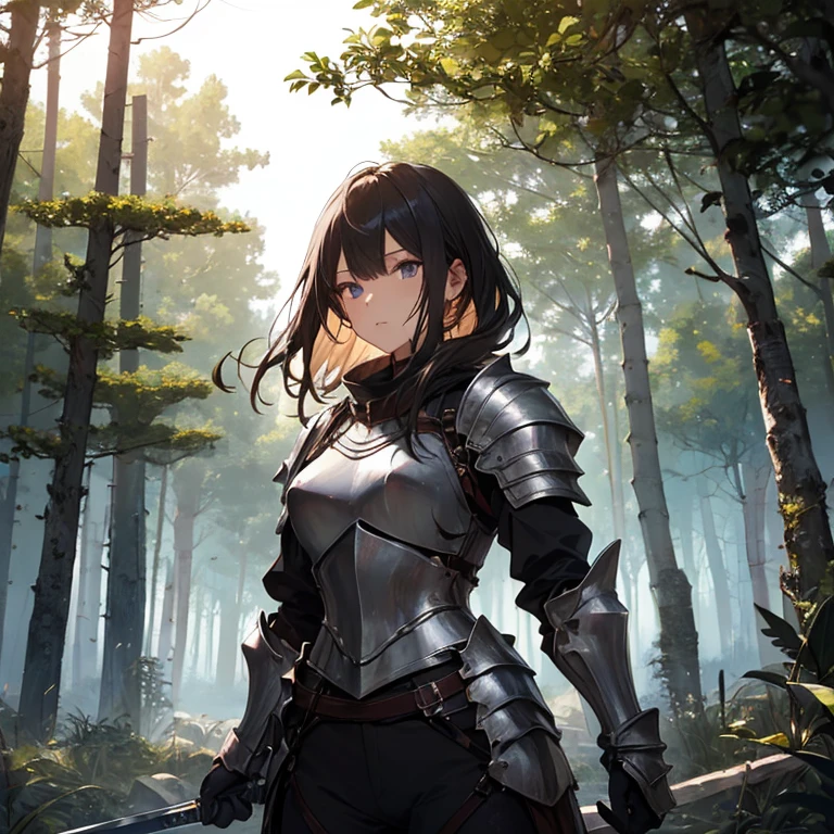 A group of female knight, (in forest), various hair styles, harem, wearing armored clothes, metal armor, night, details face, trousers, seducing, sword,