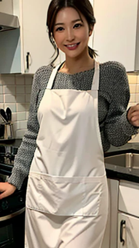 Best Quality, Highly Detailed, Masterpiece, Ultra Detailed, Illustrations, Ultra High Resolution, (Realistic: 1.4,8k), Kitchen, One Girl, Cute, (Apron,), Sun, Smile, Face, Black Hair, Clean Face, Rurika Yokoyama