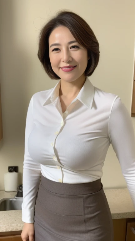 ((highest quality, 8K, masterpiece, portrait: 1.3)), (looking at the viewer), (full shot:0.85), attractive business mature woman, 1 person, a little chubby:0.４,brown medium hair、 white collared shirt, gray tight skirt,((big breasts 2.0)) (big pelvis:0.9), ((Are standing)), smile:0.2,,good posture、gentle smile、kitchen、


