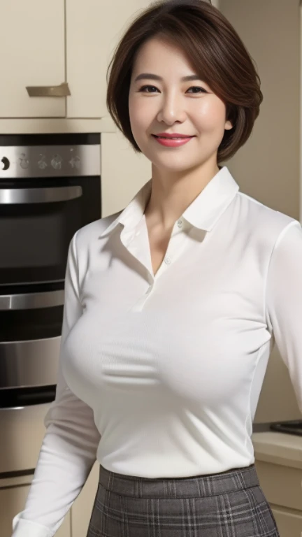 ((highest quality, 8K, masterpiece, portrait: 1.3)), (looking at the viewer), (full shot:0.85), attractive business mature woman, 1 person, a little chubby:0.4,brown medium hair、 white collared shirt, gray tight skirt,((big breasts 2.0)) (big pelvis:0.9), ((Are standing)), smile:0.2,,good posture、gentle smile、kitchen、