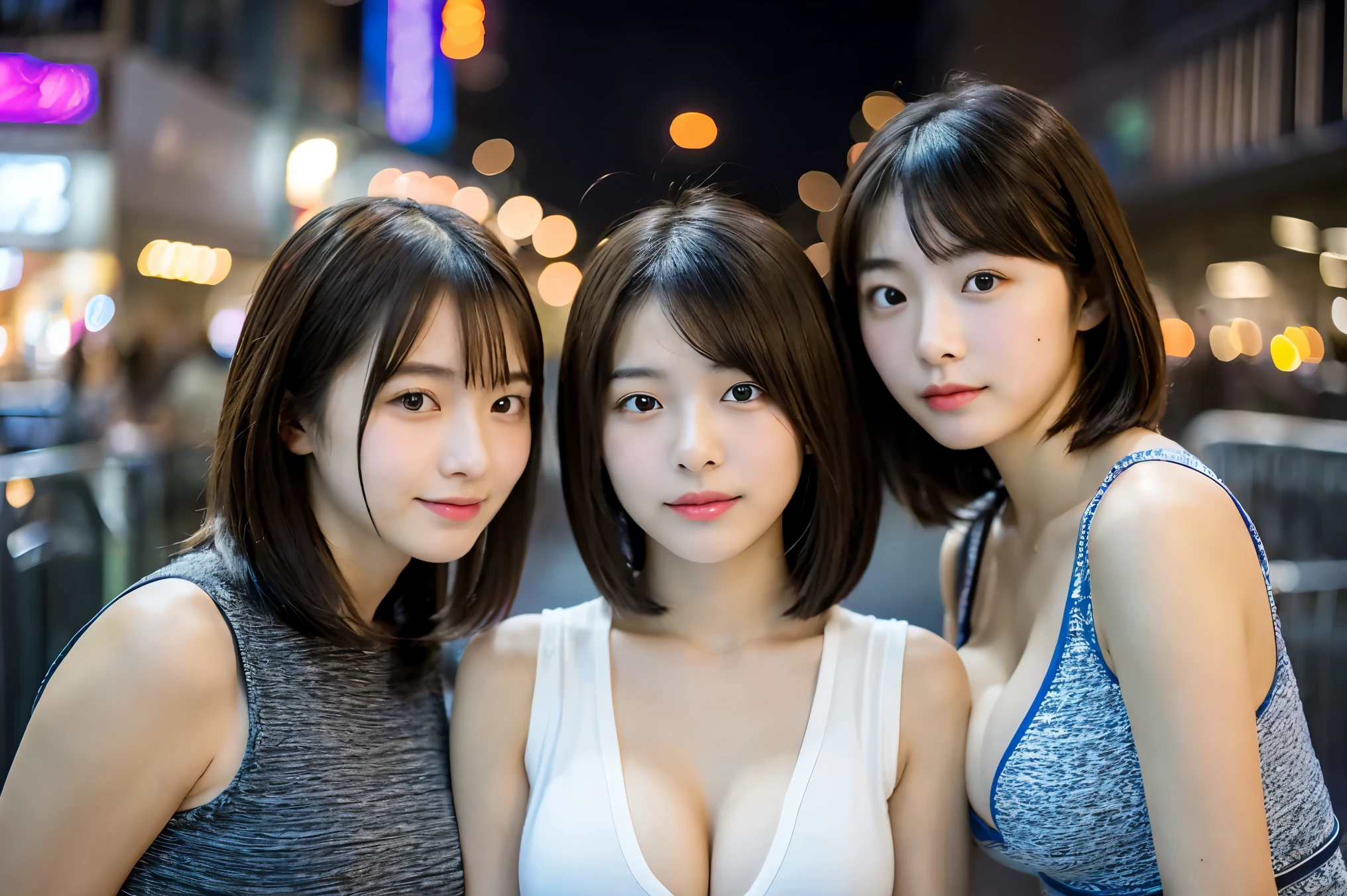 Super detailed super high quality super high quality surreal photograph three japanese girls Each girl has a different hairstyle randomly Fair skin ((half-open lips:1.3)) beautiful and soft skin ((Beautifully styled straight short hair)) beautiful and perfect body very cute A beautiful and transparent young man々new skin 16 years oldl girl wearing a sleeveless shirt) big breasts whole body everyday city busy city ((night)) viewer'perspective Front view (big breasts:1.3) (cleavage) (amazingly cute girl:1.3) (whole bodyポートレート)