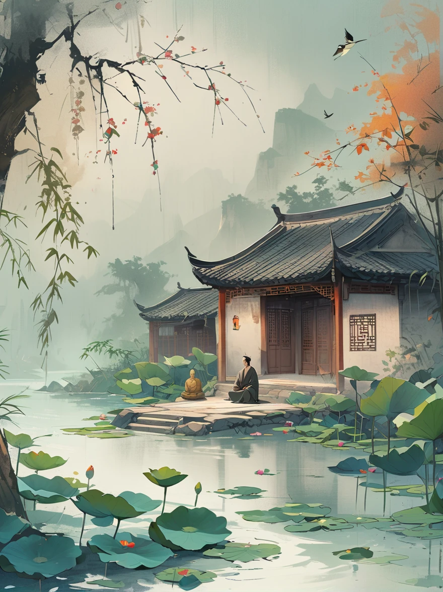 Chinese style mobile phone wallpaper, a Buddha statue in the misty lake at night with lotus flowers floating on top, a man sitting crosslegged under a bridge facing the viewer, in the style of HOURPyflamp, with a light green and dark gray background, simple, elegant, peaceful, high resolution.