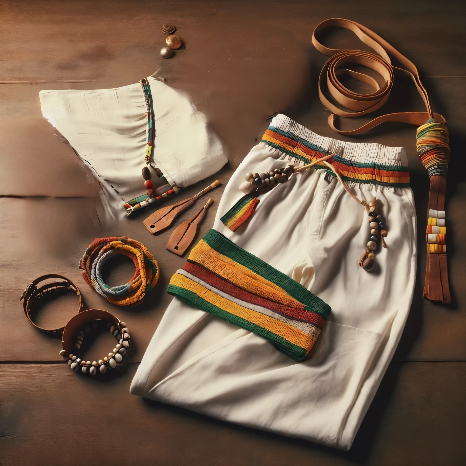 a close up of a pair of pants, a white shirt, a purse, and a pair of bracelets, traditional clothes, colorful clothes, traditional clothing, egyptian clothes, egyptian clothing, colourful clothes, tribal clothing, colorful clothing, 1970s hippie cloth style, clothing photography, cloth accessories, casual clothing, colourful clothing, warm color clothes, mudar cor da blusa para branco
