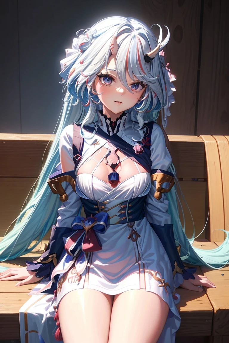ganyu \(genshin impact\), 1girl, ahoge, architecture, bangs, bare shoulders, bell, black gloves, black pantyhose, ((blue hair)), blush, breasts, chinese knot, detached sleeves, east asian architecture, flower knot, gloves, horns, long hair, looking at viewer, medium breasts, neck bell, night, outdoors, pantyhose, purple eyes, sidelocks, solo, tassel, white sleeves, ((masterpiece))