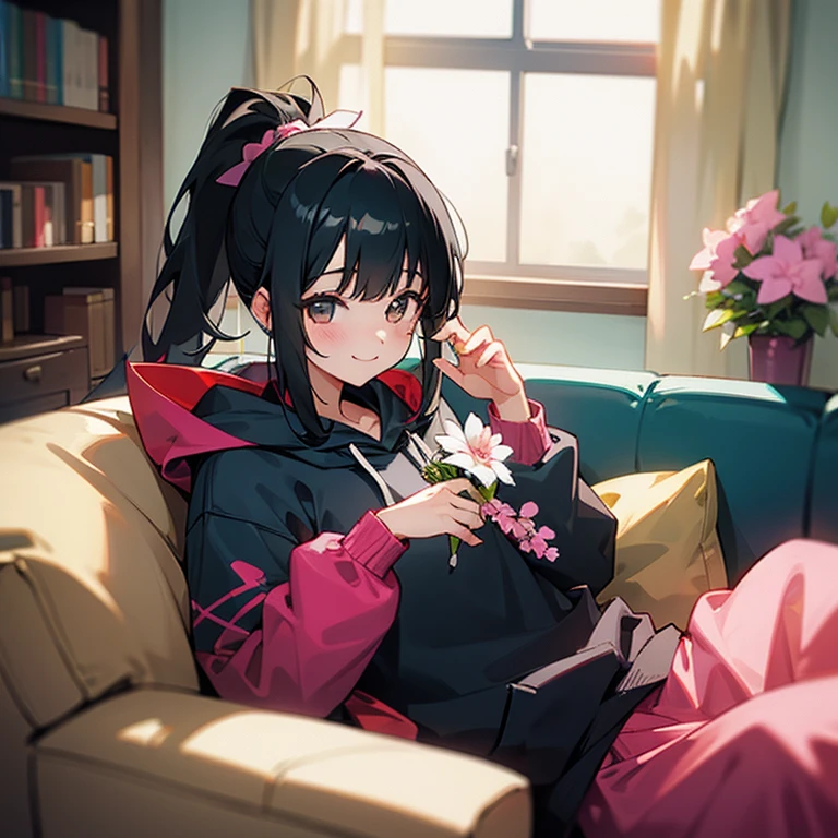 girl、smile、black hair、ponytail、hoodie、flower、room、sofa