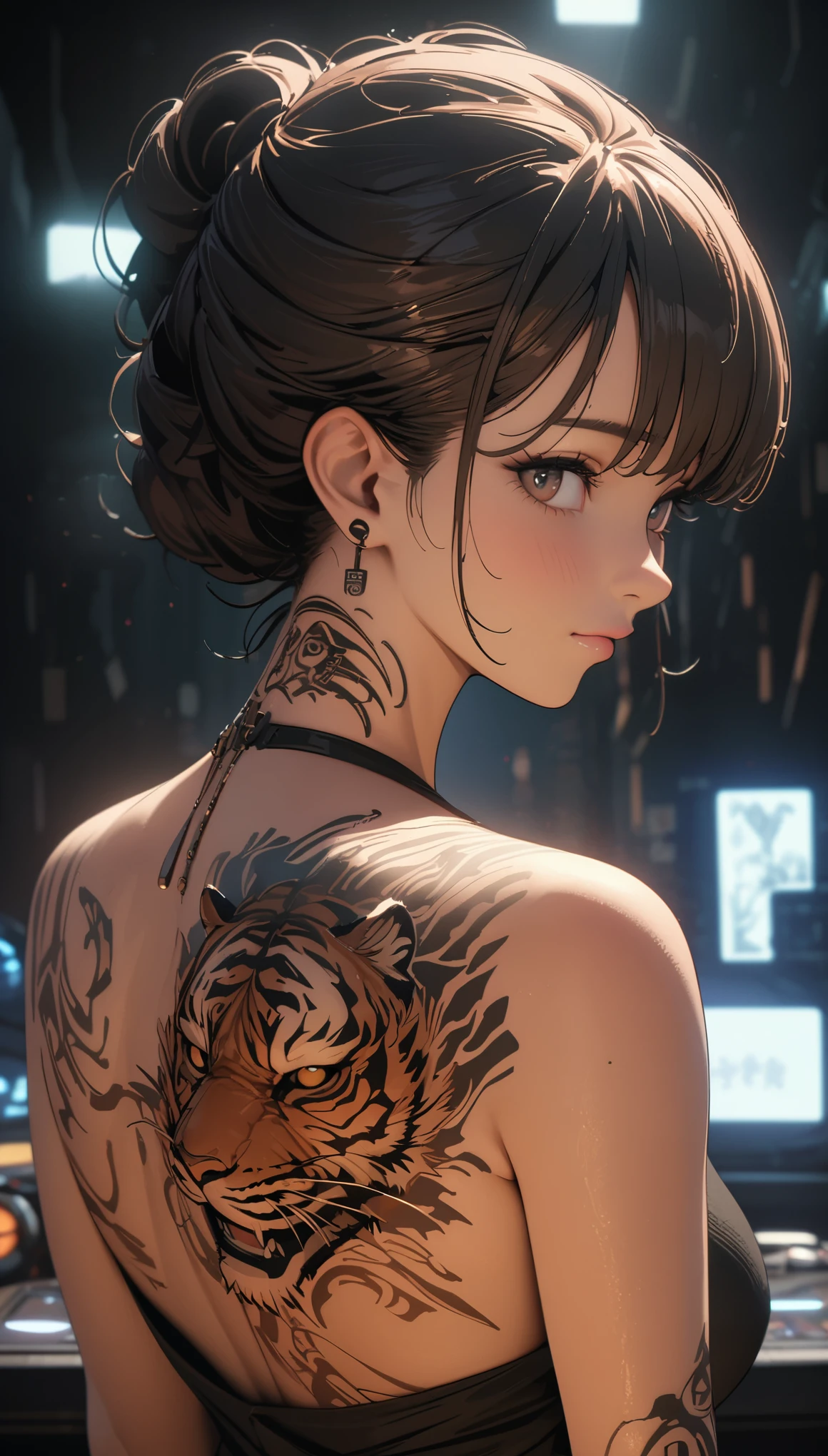 official art, unified 8k wallpaper, Super detailed, Beautiful and beautiful, masterpiece, best quality,，Low cut clothing，Beauty close-up，back，look back，tattoo art，tiger tattoo，Hojoji manga art style，Neon special effects，movie lighting，8k，best quality，masterpiece，OC renderer，