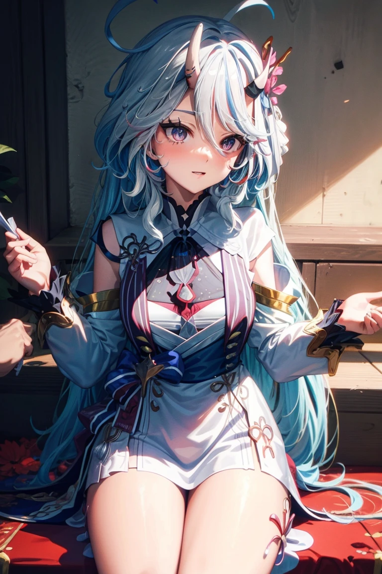 Anime girl sitting on chair in white dress, cute anime waifu in a nice dress, azur lane style, Guweiz in Pixiv ArtStation, trending on artstation pixiv, Guweiz on ArtStation Pixiv, Anime goddess, onmyoji, trending on cgstation, style of anime4 K, Guviz, perfect body, perfect breast,((Best quality, 8k, Masterpiece :1.3)), Sharp focus :1.2, Perfect body beauty: 1.4, ???? face and holding condoms,hand between leg,