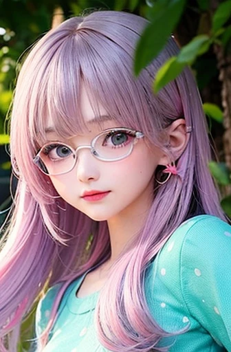 The arrival of autumn、small face、 (alone:1.5,)Super detailed,明るいcolor, very beautiful detailed anime face and eyes, look straight, ;d, shiny_skin,girl, (((虹colorの髪, colorful hair, Half blue、half pink hair: 1.2))), 、forehead is exposed.、green eyes、、shiny hair, delicate beautiful face, blush、Glasses、(turquoise eyes), White skin, Valletta, earrings,、sunset、forest road、((Polka dot summer clothes、checked mini skirt,)))、twin tails、smile、happy face、face dyed red、color々pose、Full body portrait from head to toe、