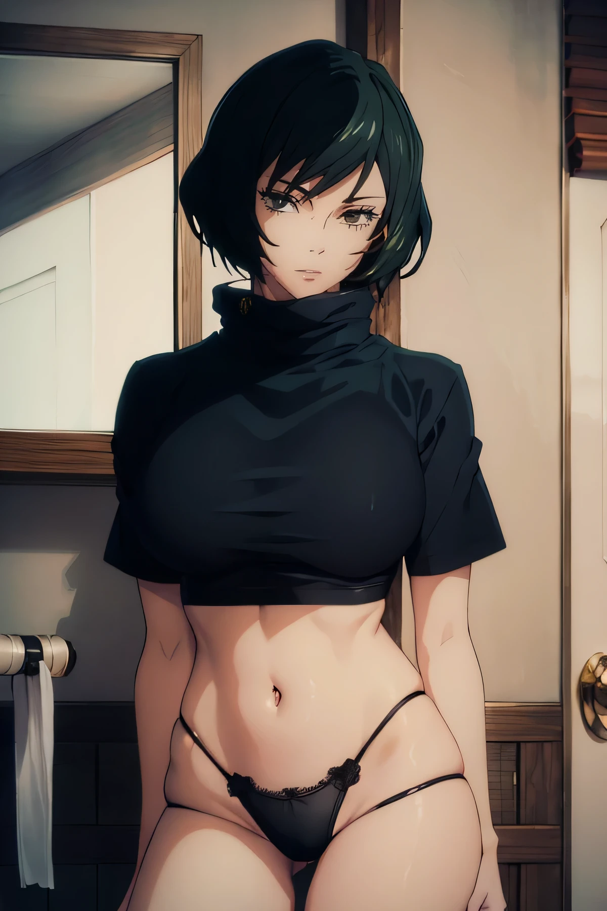 high quality, masterpiece, Mai zenin from jujutsu kaisen, dark green lace panties, fullbody, smile, she is standing, big breasts, in bath, she close the camera, lora:upshirt-000015:1
