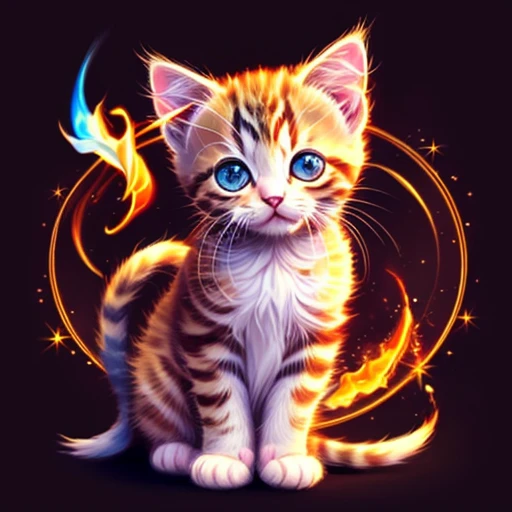 Colorful kitten painting on black background,, breathtaking renderings, In a shining connection, Inspired by Kinuko Y. craft,, magic element, kitten icon, oh, Is beautiful, chant colorful spells, bright flash, flash