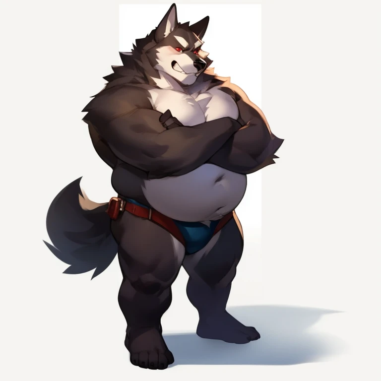 solo, male, wolf, very obese, musclegut, mature male, old, angry, arms crossed and fat, black fur, red eyes, obese body hair, half-body, white background, by mystikfox61, by darkgem, by glitter trap boy, by bebebebebe