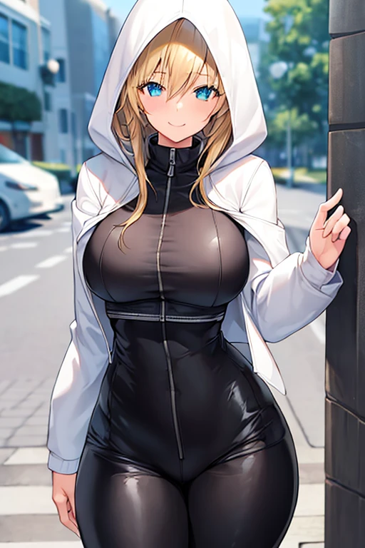 1girl, hood, jacket, hooded jacket, hood on, hood up, blonde hair, large breasts, breasts, wide hips, thick thighs, hourglass figure, white jacket, black shirt, shirt, very short hair, pants, black pants, smile, toned, toned female, urban, mature female, tall, tall female, tomboy, cropped jacket, ((cropped jacket))