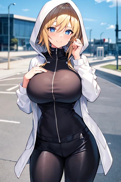 1girl, hood, jacket, hooded jacket, hood on, hood up, blonde hair, large breasts, breasts, wide hips, thick thighs, hourglass figure, white jacket, black shirt, shirt, very short hair, pants, black pants, smile, toned, toned female, urban, mature female, tall, tall female, tomboy, cropped jacket, ((cropped jacket))