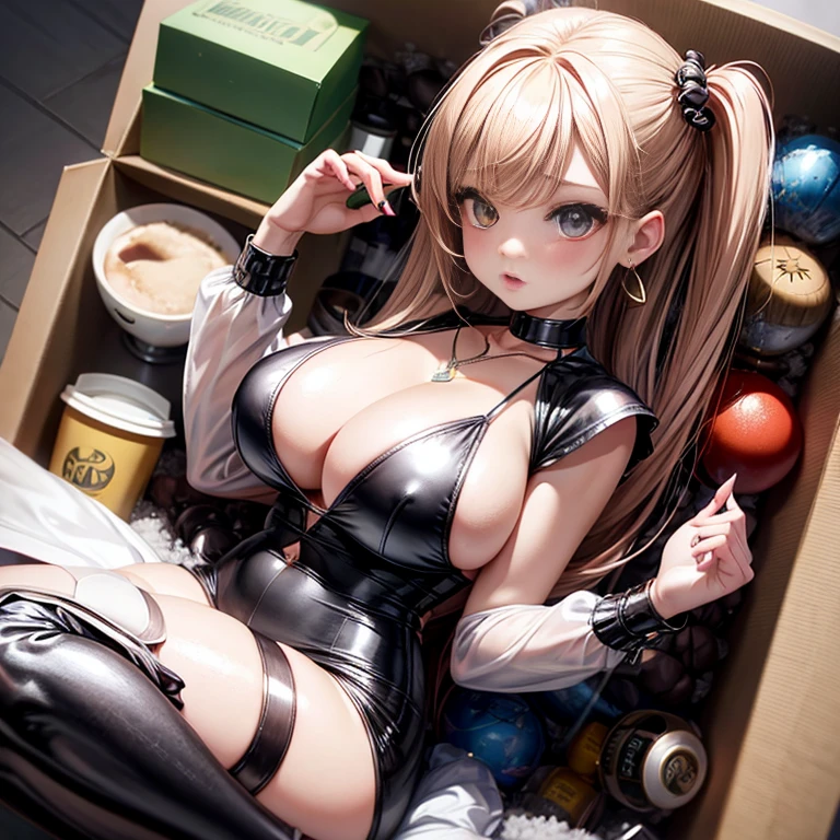 Photoreal、Surprised chibi girl、big big coffee cup、girl inside coffee cup、Super big breasts、camel toe、huge tit、nipple puff、cleavage、Adult atmosphere、Temptation、lure、earrings、earrings、necklace、thick lips、heterochromia、bangles、Caster wheel、first round、hair charm、lip gloss、Plump、Super big breasts、super big butt、girl carrying a box