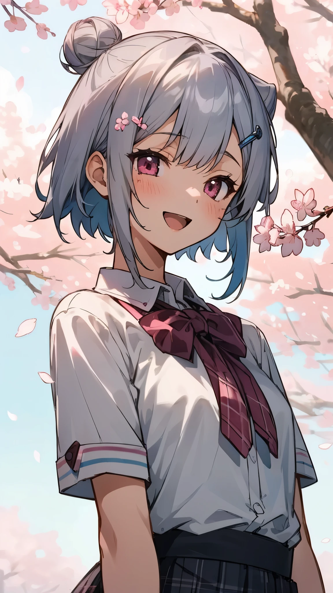 1 girl、beautiful anime girl、silver short hair and bob hair、I tied my hair in a bun with a hair clip..、pink eyes、white blouse shirt、tartan check skirt、smile、open your mouth wide、upper body close-up、cherry blossom street tree background