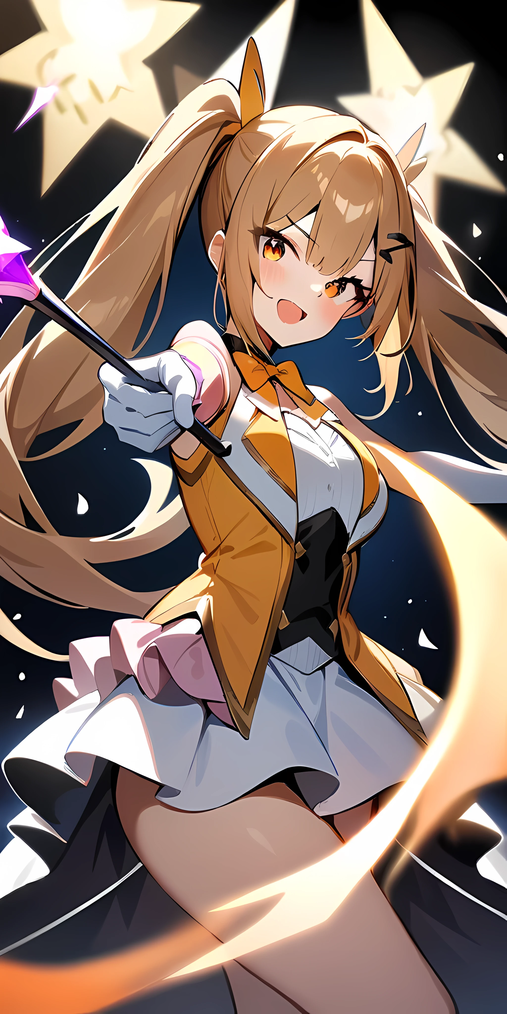 best quality artwork, 1girl, twintail hair, idol magical outfit, bow shape, hairclip, mahou shoujo, holding wand, magical effect:2.3, masterpiece:5.3, pixiv best artwork, awards1:2