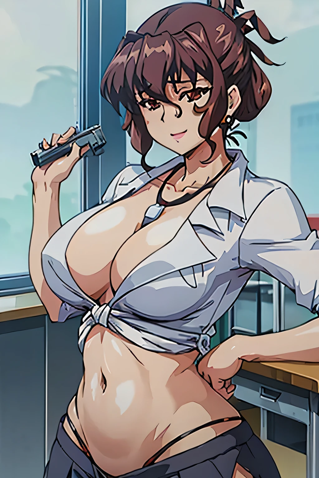 Aiko Katsuragi, mature female, milf, curvy, 1girl, solo, anime face, standing,, makeup, large breasts, lipstick, brown eyes, folded ponytail, brown hair, masterpiece, best quality, ((unbuttoned , cleavage, necklace, earrings, sexy body,
breasts)) , micro skirt, smiling, navel , exposed belly, exposed navel,(nsfw) not safe for work,school,
classroom , holding a gun, hold a gun