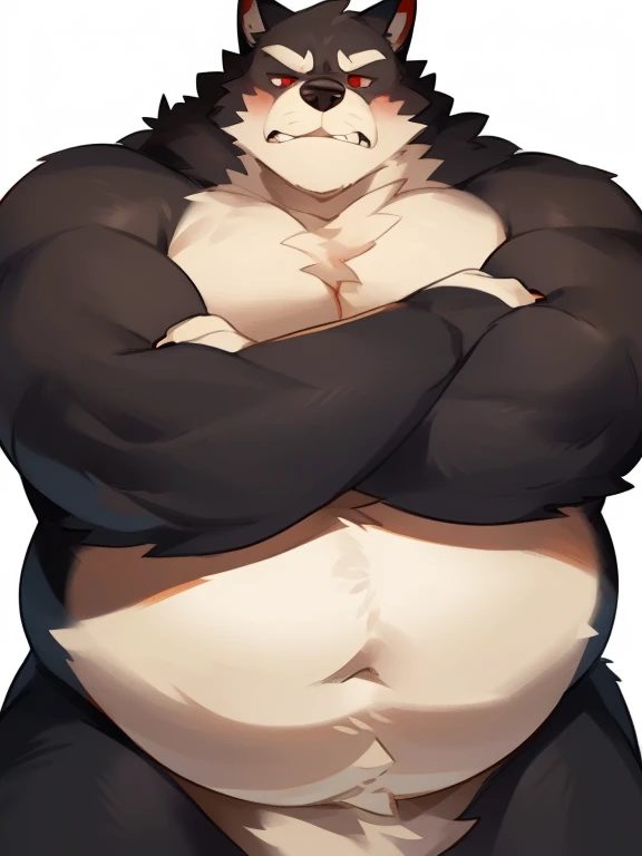 solo, male, canine, very obese, musclegut, mature male, old, angry, arms crossed and fat, black fur, red eyes, obese body hair, half-body, white background, by mystikfox61, by glitter trap boy, by bebebebebe