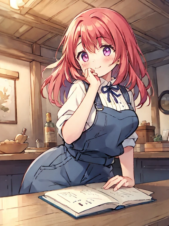 girl、across the table、smile、Put your hand on your cheek、overalls、wooden table、Medieval commoner's housing