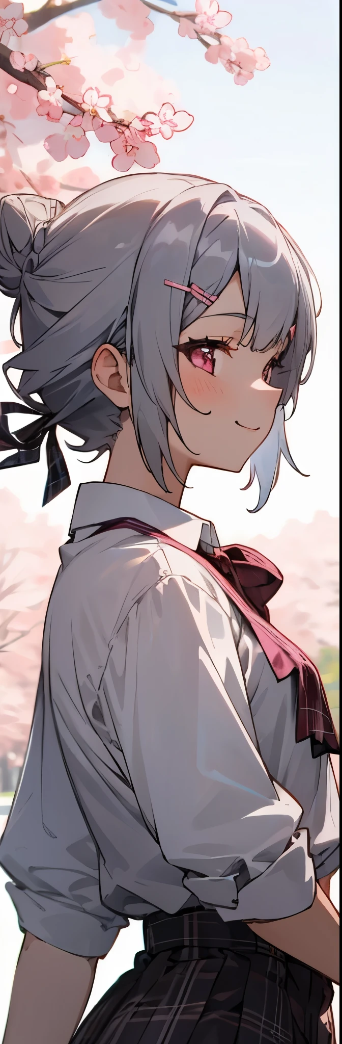 1 girl、beautiful anime girl、silver short hair and bob hair、I tied my hair in a bun with a hair clip..、pink eyes、white blouse shirt、tartan check skirt、smile、From the side、upper body close-up、cherry blossom street tree background