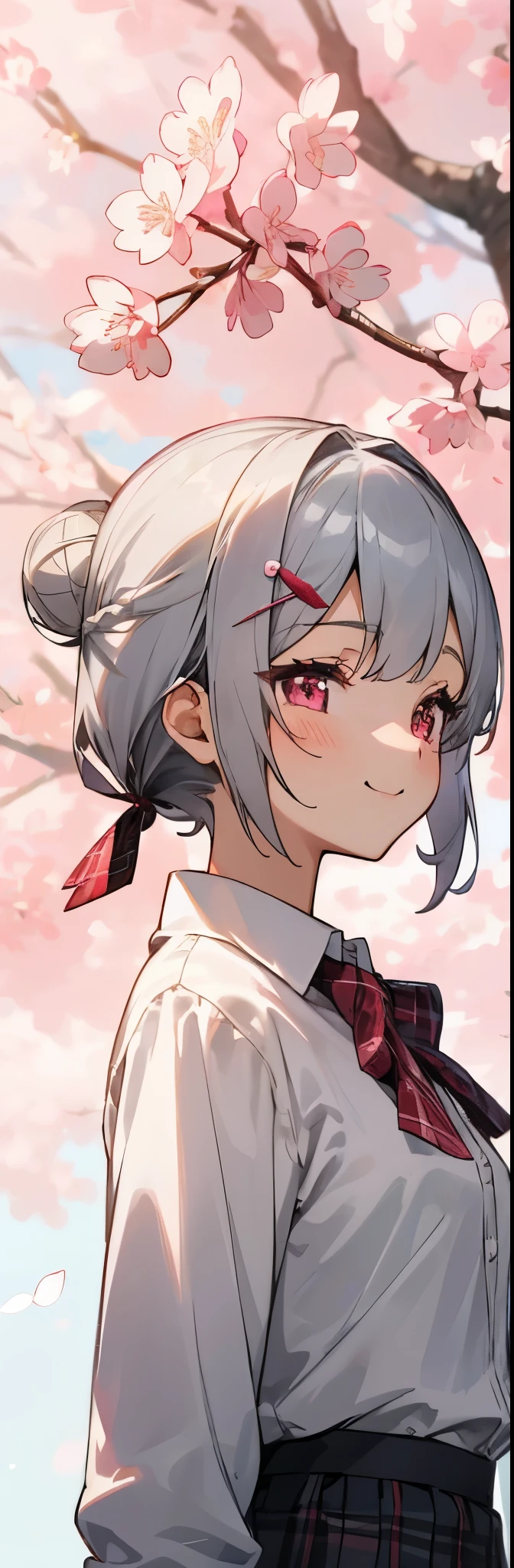 1 girl、beautiful anime girl、silver short hair and bob hair、I tied my hair in a bun with a hair clip..、pink eyes、white blouse shirt、tartan check skirt、smile、From the side、upper body close-up、cherry blossom street tree background