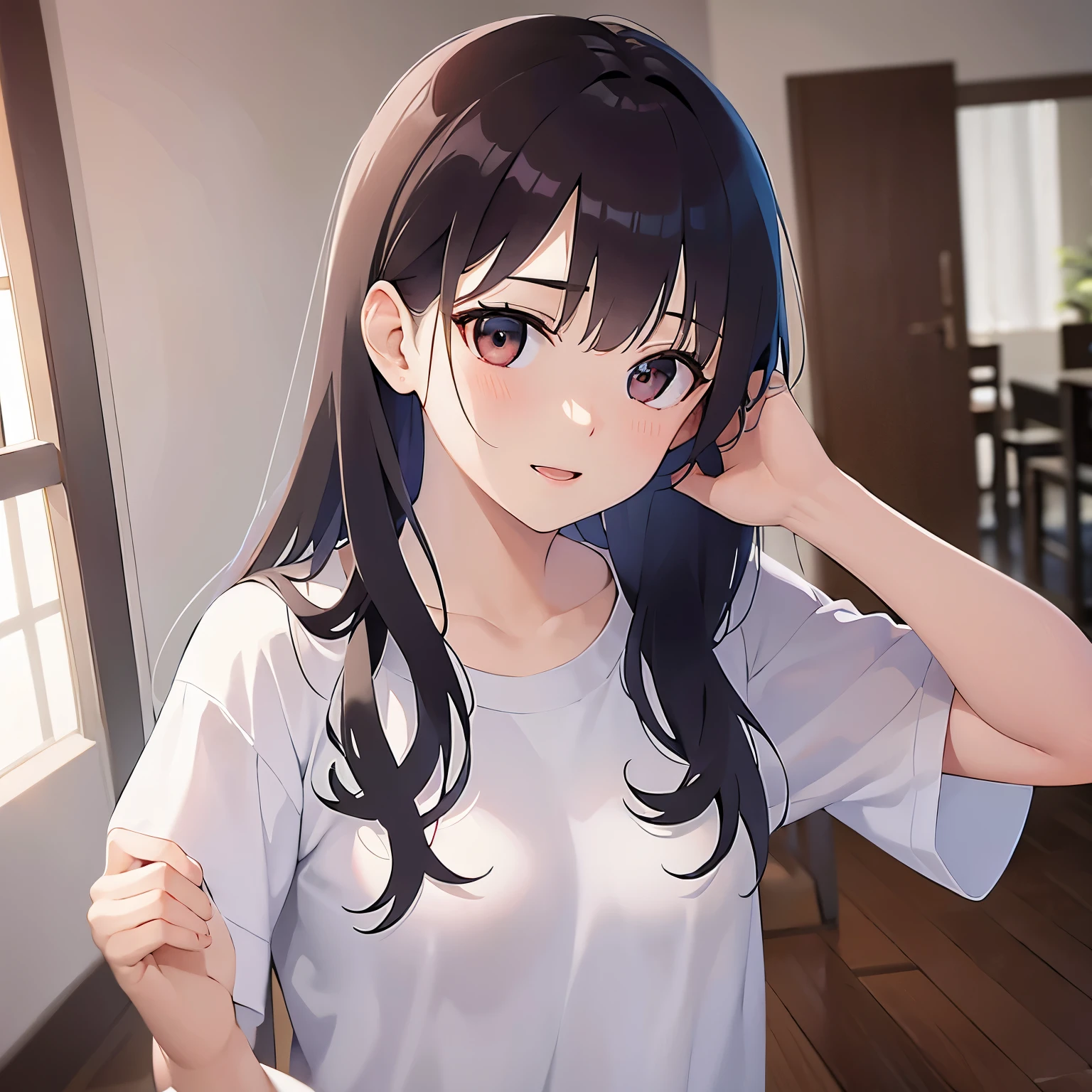 (Placing hand on cheek:1.3), Upper Body, Realistic, real person, (pale skin: 1.2), RAW photo, photorealistic, portrait photography, shiny skin, japanese idol、shiny hair、(25 year old woman with medium hair with bangs) and (wavy hair) and (brown hair) and (orange eyes) , plain white t-shirt 、smile, open mouth, embarrassed、The background is the living room、Alone、Are standing