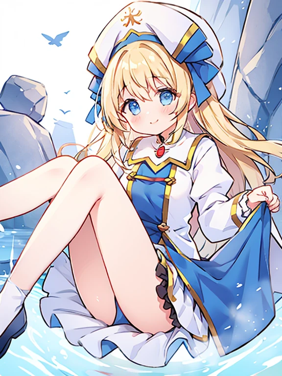 girl、priest、hat、join hands、smile、Put your legs through the slit、Absolute area、thighs、Stone wall background