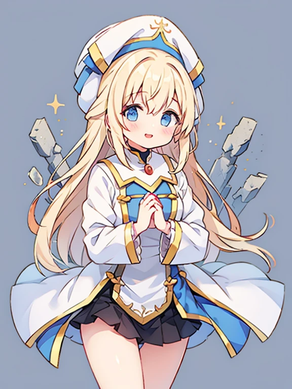 girl、priest、hat、join hands、smile、Put your legs through the slit、Absolute area、thighs、Stone wall background