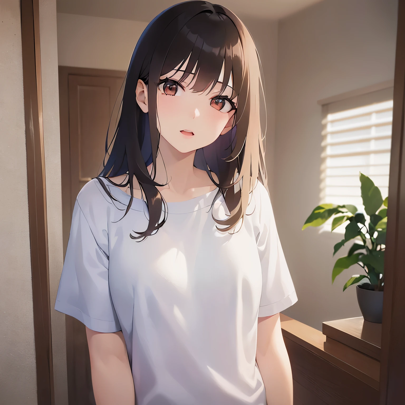 (Placing hand on cheek:1.3), Upper Body, Realistic, real person, (pale skin: 1.2), RAW photo, photorealistic, portrait photography, shiny skin, japanese idol、shiny hair、(25 year old woman with medium hair with bangs) and (wavy hair) and (brown hair) and (orange eyes) , plain white t-shirt 、smile, open mouth, embarrassed、The background is the living room、Alone、Are standing