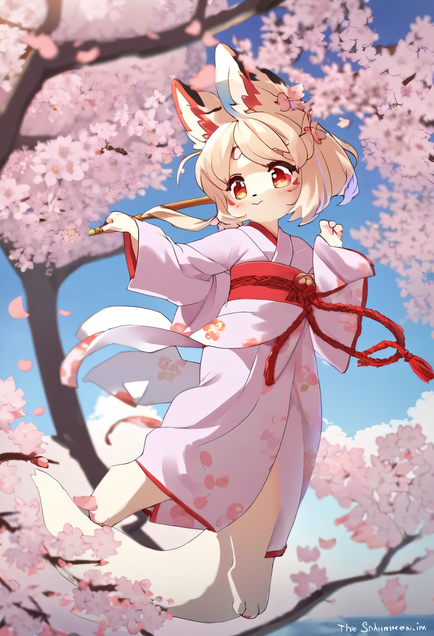 masterpiece, shuimobysim, badashanren, Shukezouma, kimono, The cherry tree, cherry blossoms dancing in the wind(super cute 1girl, solo, kemono, furry anthro)(animal ear, animal tail)full body,