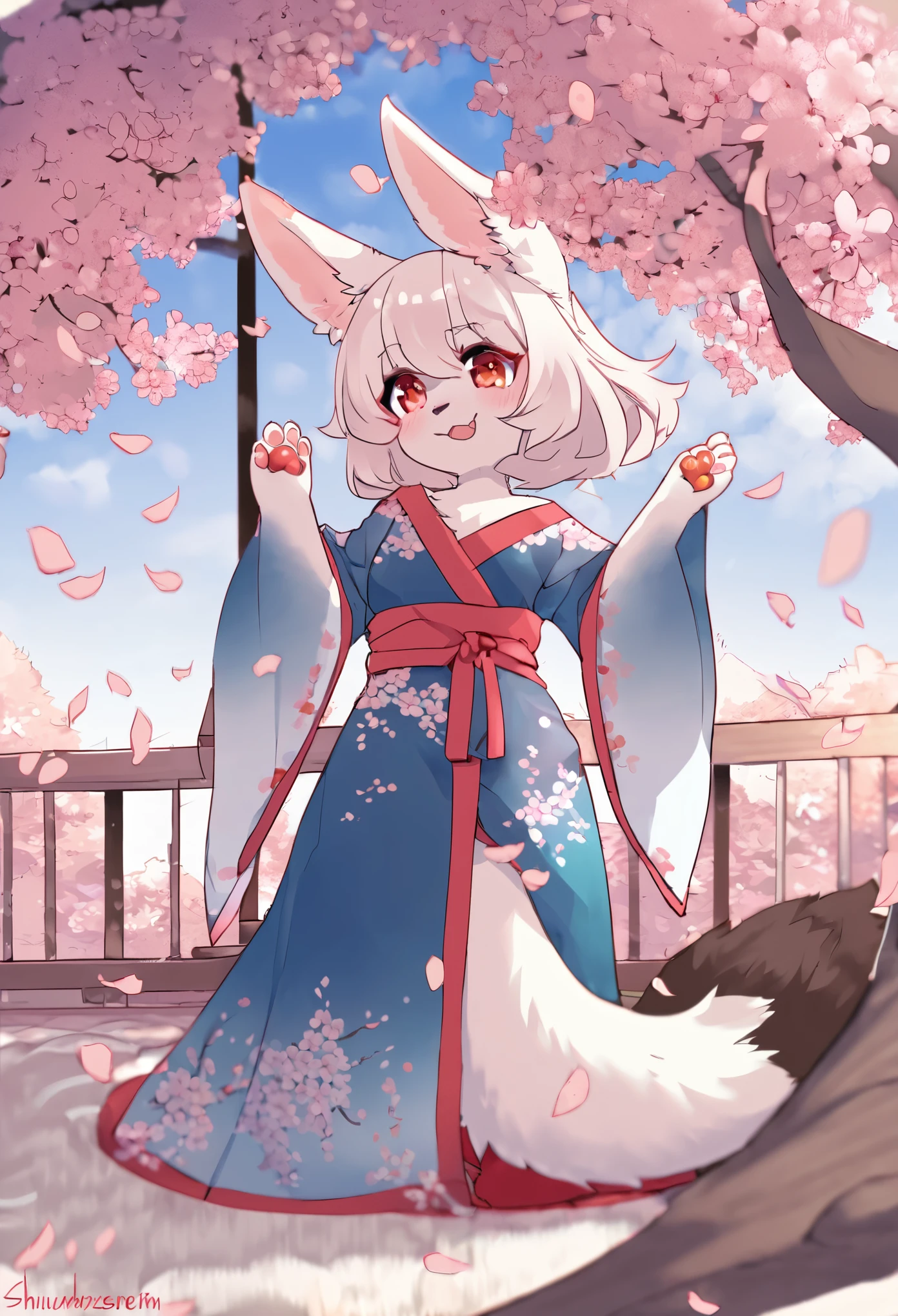 masterpiece, shuimobysim, badashanren, Shukezouma, kimono, The cherry tree, cherry blossoms dancing in the wind(super cute 1girl, solo, kemono, furry anthro)(animal ear, animal tail)full body,