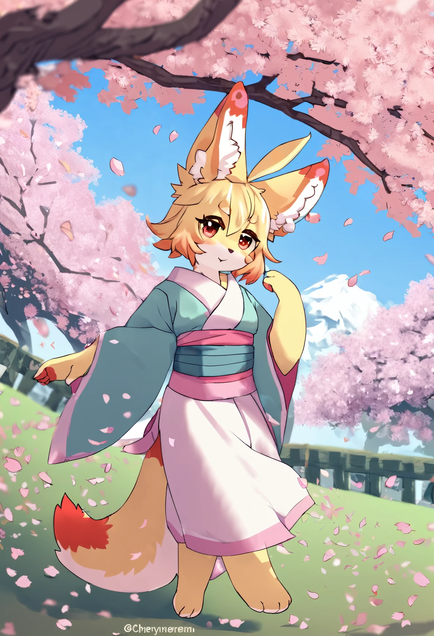 masterpiece, shuimobysim, badashanren, Shukezouma, kimono, The cherry tree, cherry blossoms dancing in the wind(super cute 1girl, solo, kemono, furry anthro)(animal ear, animal tail)full body,