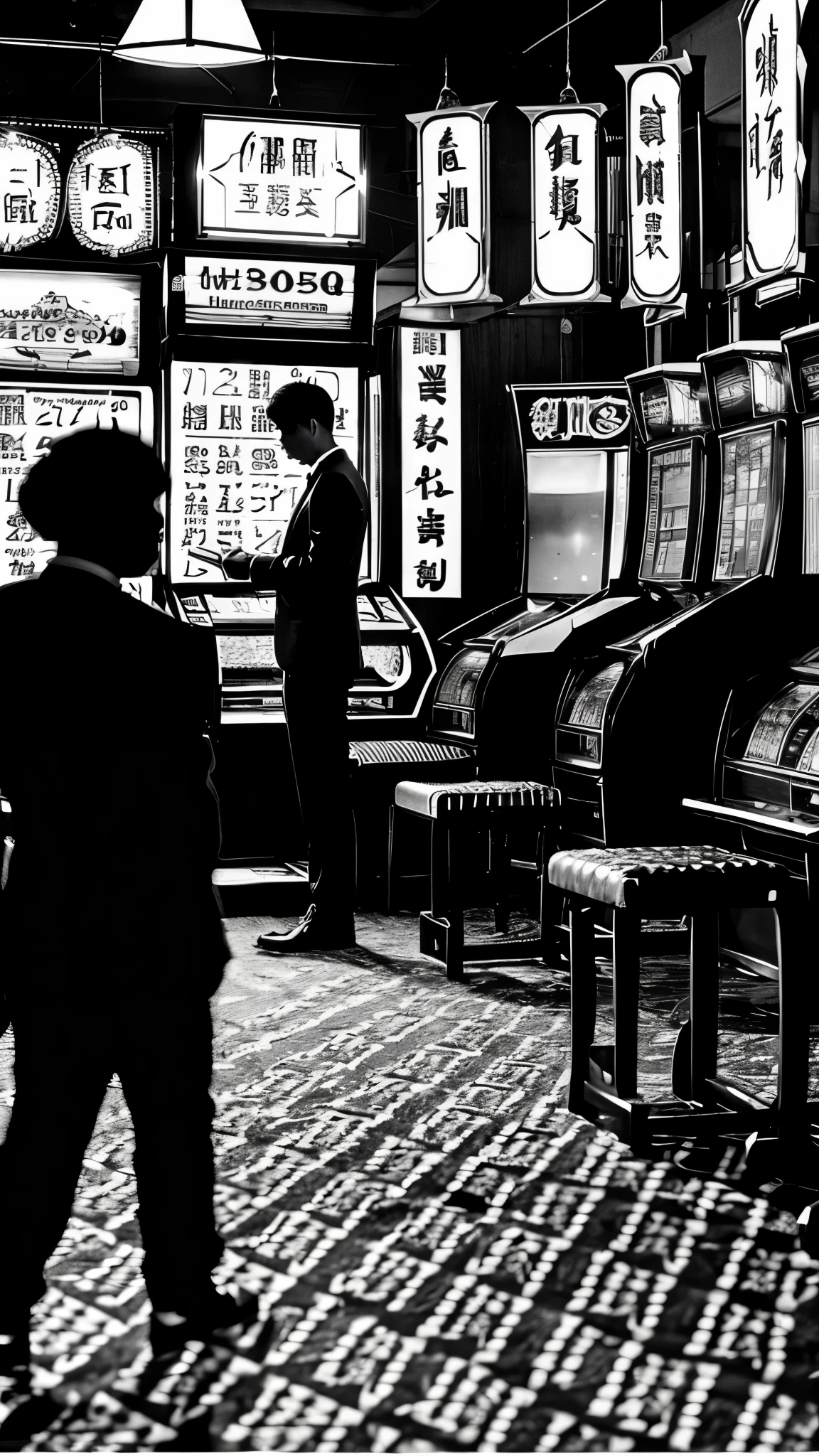 A black and white silhouette of a slim person in the center of the image、Surrounded by gambling halls