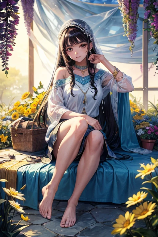 she gazes directly at the viewer, her sparkling brown eyes framed by long, curled eyelashes. A few loose strands of hair fall gently over her shoulder, contrasting against the pristine white fabric of her blouse. Her bare feet, adorned with intricate henna designs, peek out from underneath the hem of her short, denim skirt. The scene is set against the backdrop of a serene and sunlit garden, the warm rays illuminating every crevice of the image, creating an atmosphere of calm and tranquility. The vivid colors of the flowers in bloom and the intricate textures of the fabric add depth and dimension to the photograph, making
