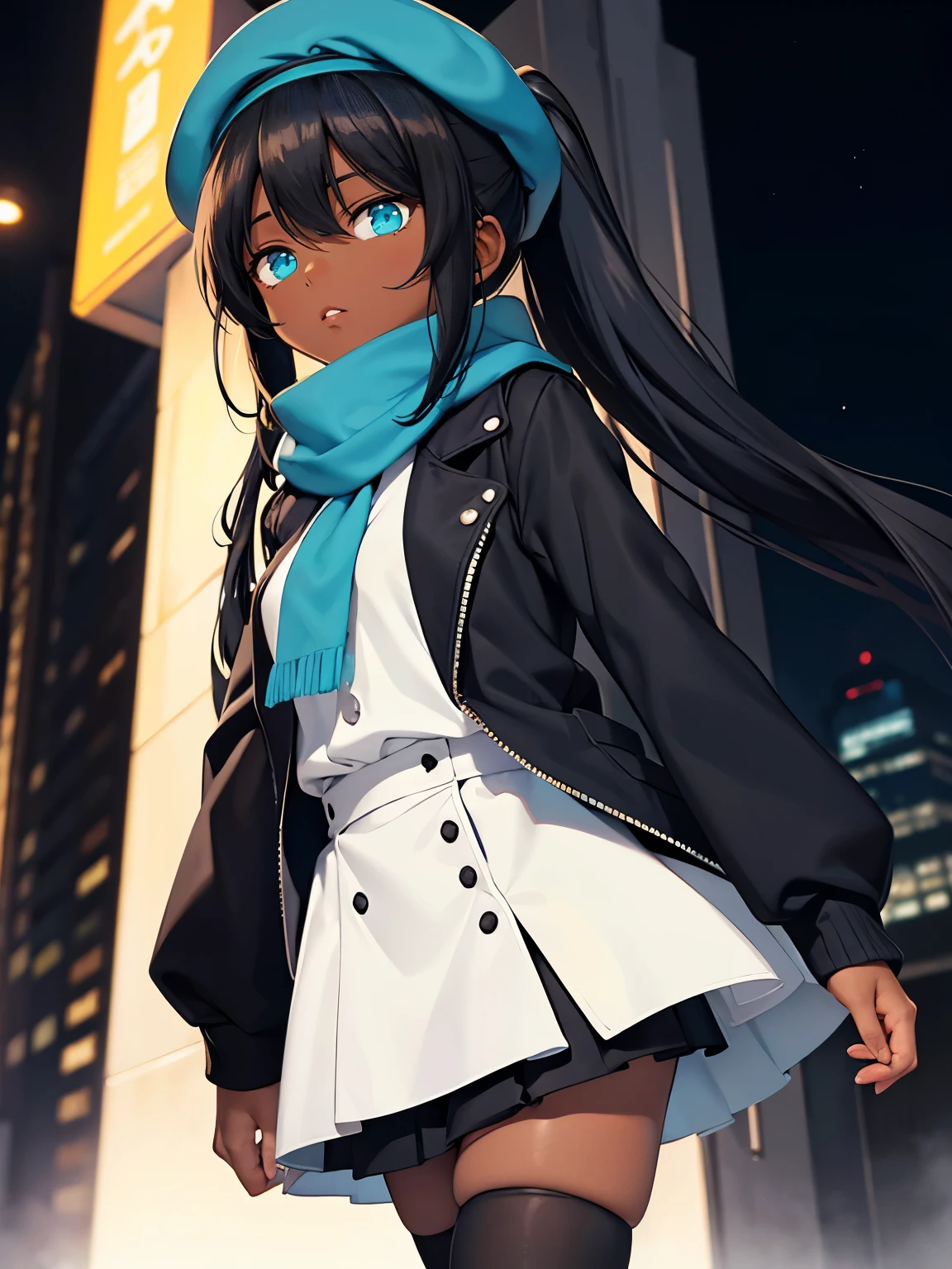 black hair, cyan eyes, ponytail, long hair, short, black shirt, black skirt, white jacket, white stockings, tomboy, outside, night, small breast, bangs, dark skin, cool, blue scarf, beret, kuudere, expressionless, emotionless, black, brown, black skin, brown skin, portrait, closeup