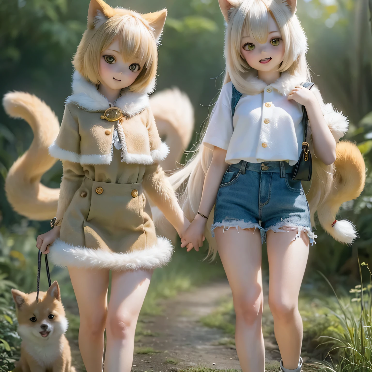 Shiba Inu girls in a rural landscape