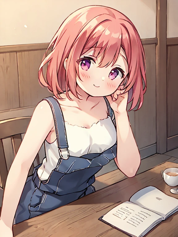 girl、across the table、smile、Put your hand on your cheek、naked overalls、nsfw、wooden table、Medieval commoner's housing